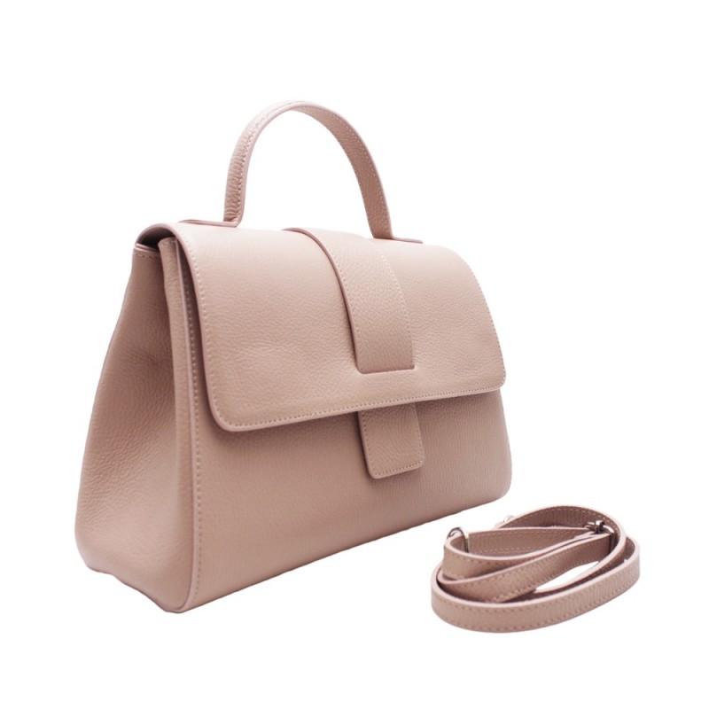 Borsa a mano da donna in pelle, color cipria, con tracolla rimovibile.