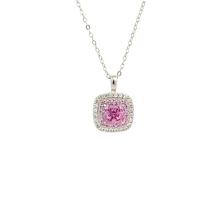 Collana in oro bianco con pendente quadrato con zaffiro rosa e diamanti.