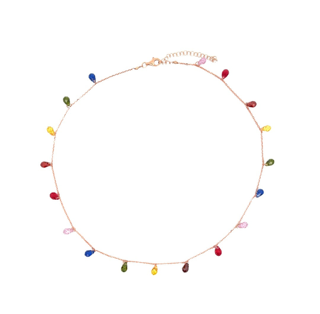 Collana in oro rosa con pietre a goccia multicolore.