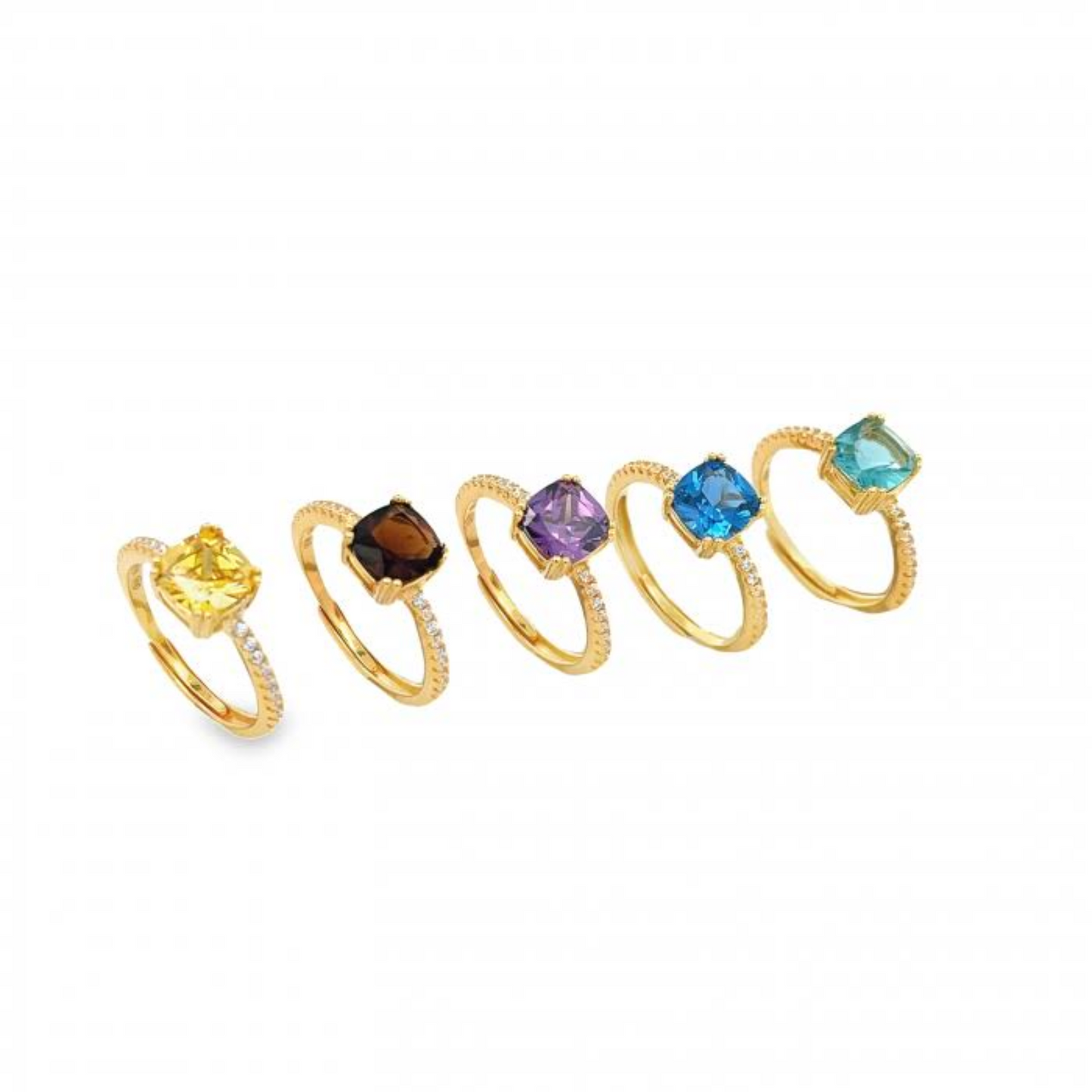 Cinque anelli d'oro con pietre preziose a taglio cuscino in giallo, marrone, viola, blu e azzurro.