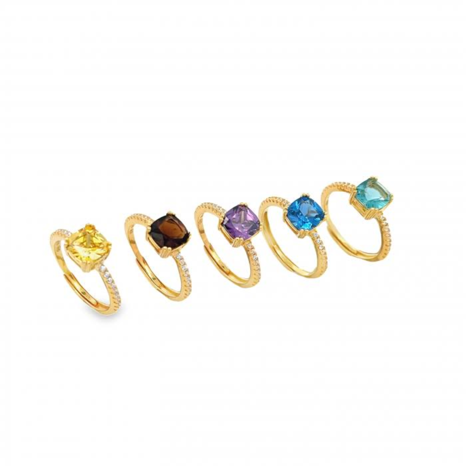 Cinque anelli d'oro con pietre preziose a taglio cuscino in giallo, marrone, viola, blu e azzurro.