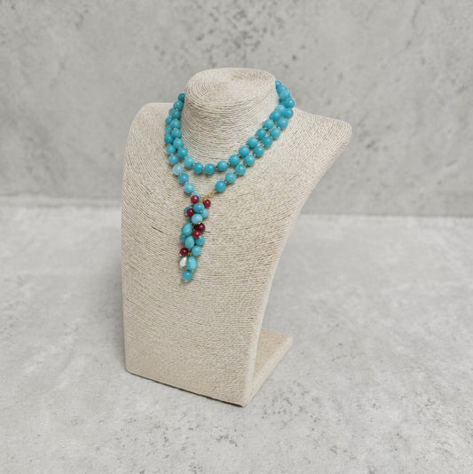 Collana Lunga con Ciondolo a Grappolo in Pasta di Turchese, Perle e Granato