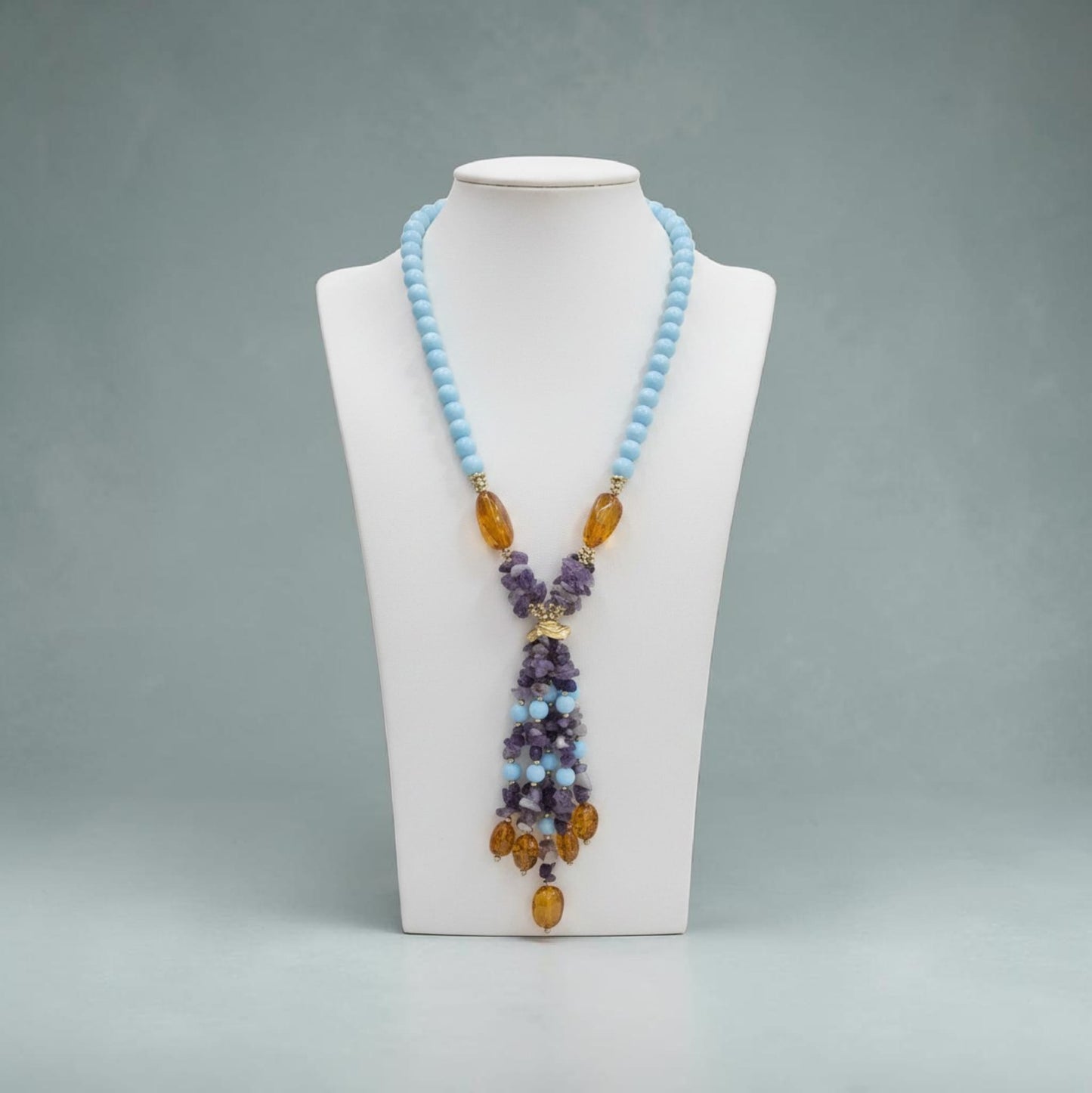 Collana Lunga ad Y con Ametista, Pasta di Turchese e Ambra