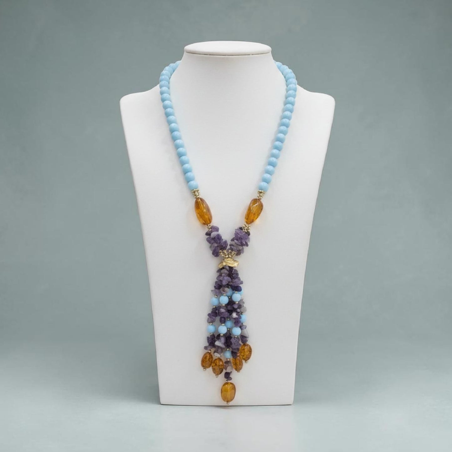 Long Necklace with Multicolor Sapphire Stones, S925 Silver and Gold