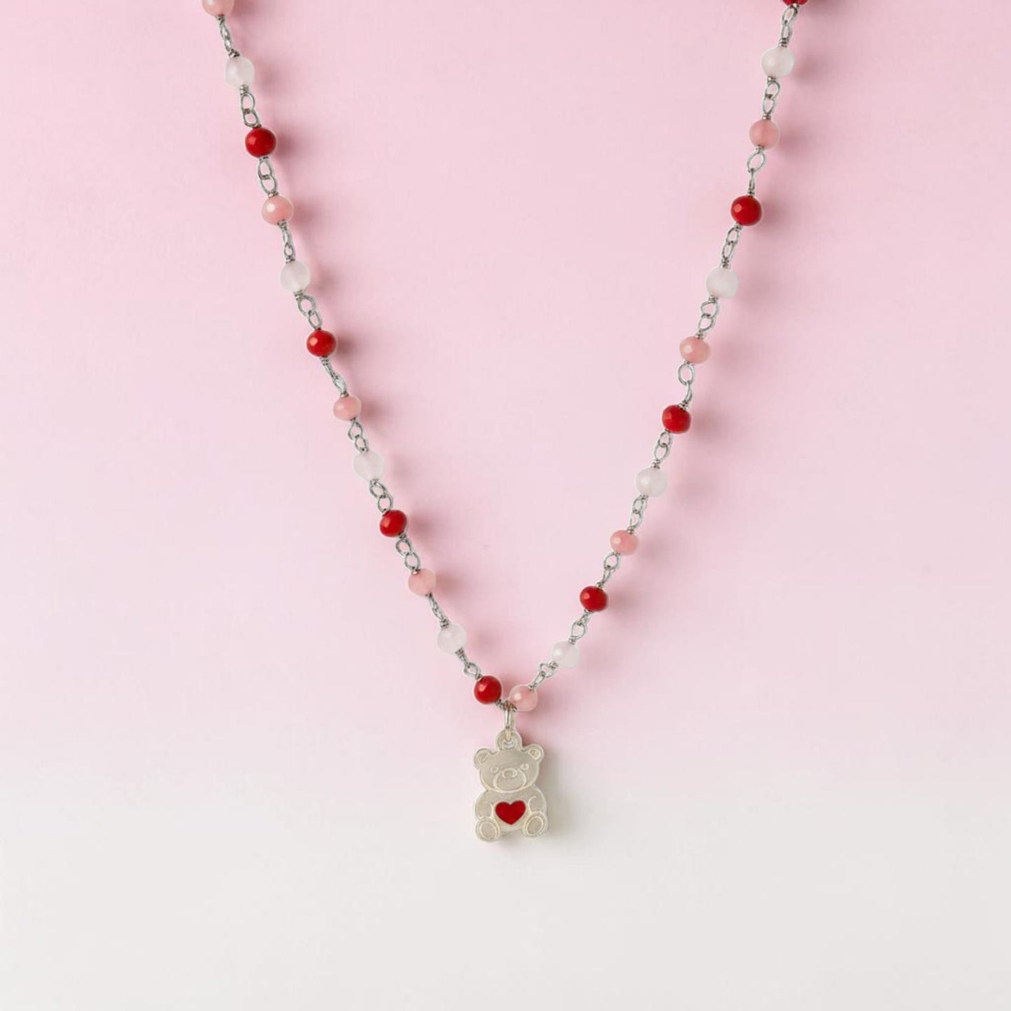 Collana con Orsetto in Lastra, rosso/rosa/bianco, Argento s925