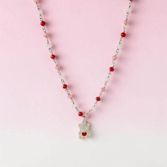 Collana con Orsetto in Lastra, rosso/rosa/bianco, Argento s925