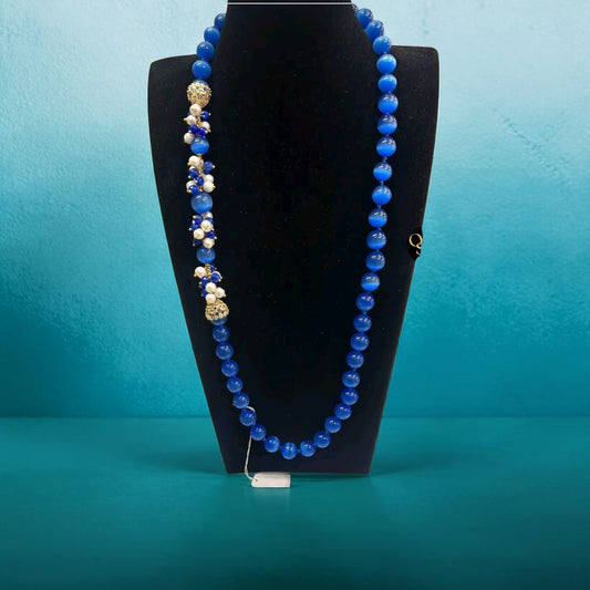 Collana Lunga con Perle Blu reale e grappoli con perle