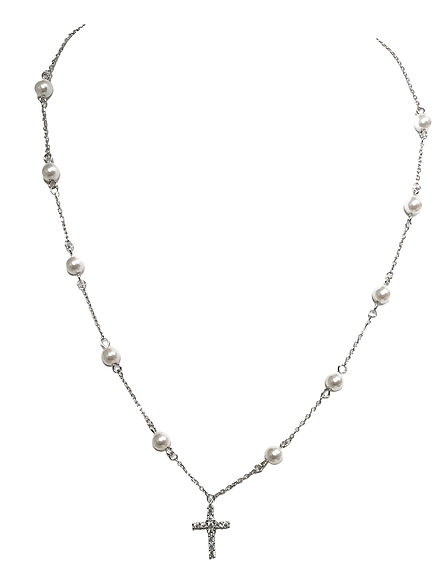 Collana di Perle di Maiorca e Croce Zirconata, in Argento S925