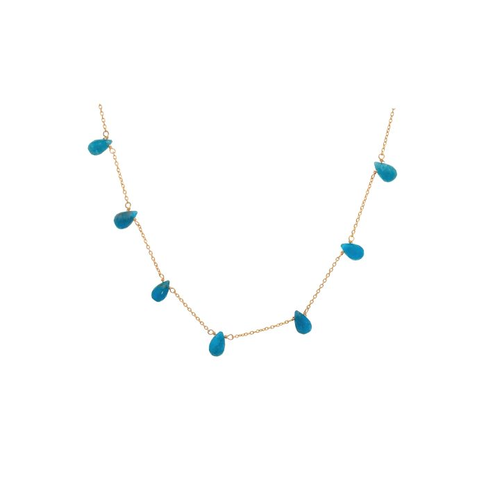 Collana in oro con sette pietre pendenti a forma di lacrima di apatite turchese.