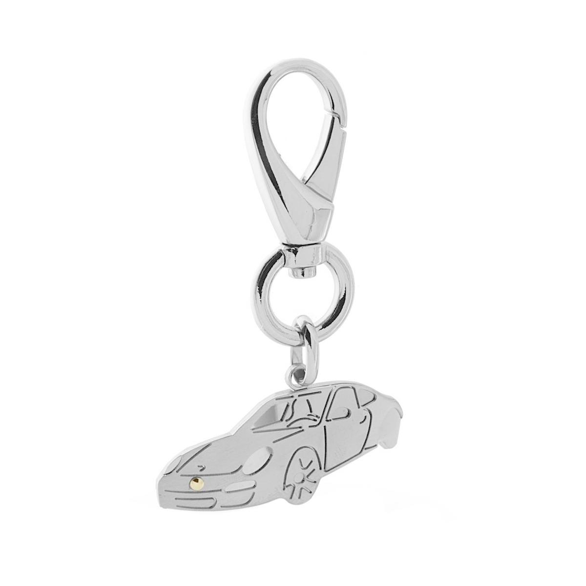 Portachiavi in metallo a forma di automobile, con una finitura lucida e un piccolo dettaglio dorato sul faro.