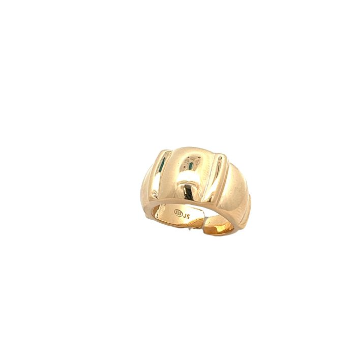 Anello a fascia in oro liscio con due incisioni rettangolari, una più piccola incisa sulla parte interna.