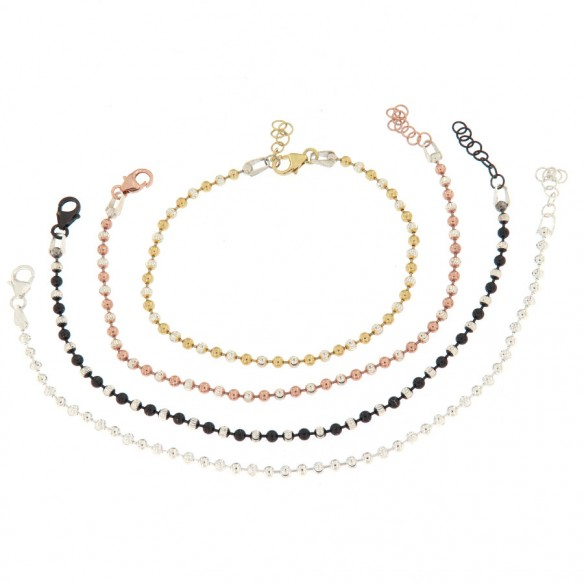 Braccialetti a catena con palline in diversi colori e finiture: argento, oro, oro rosa e argento brunito con palline nere.