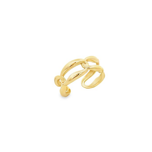 Anello in oro a maglie bombate, design a catena intrecciata.