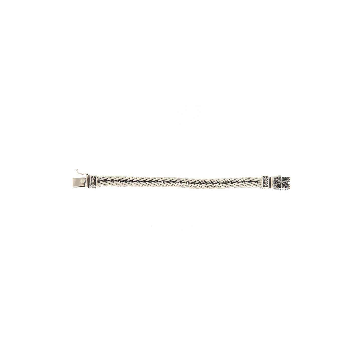 Bracciale in metallo a maglie intrecciate con dettagli in argento scuro e chiusura decorata.