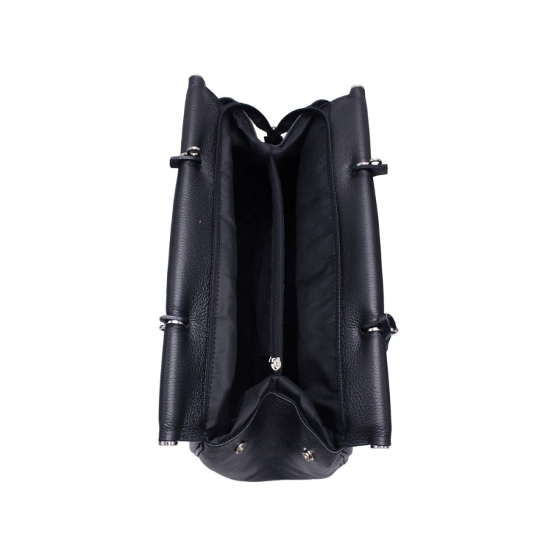 Borsa da lavoro in pelle nera con scomparto centrale e due tasche laterali, tracolla regolabile.