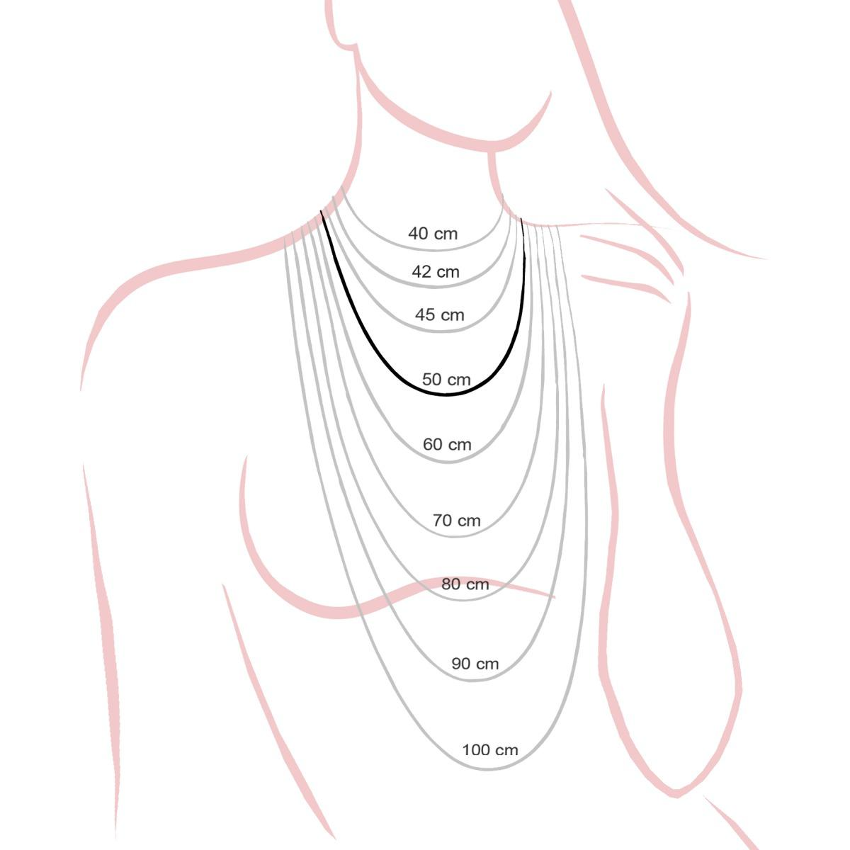 Immagine che illustra varie lunghezze di collane su una donna. Le lunghezze vanno da 40 cm a 100 cm.