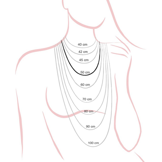 Immagine che illustra varie lunghezze di collane su una donna. Le lunghezze vanno da 40 cm a 100 cm.