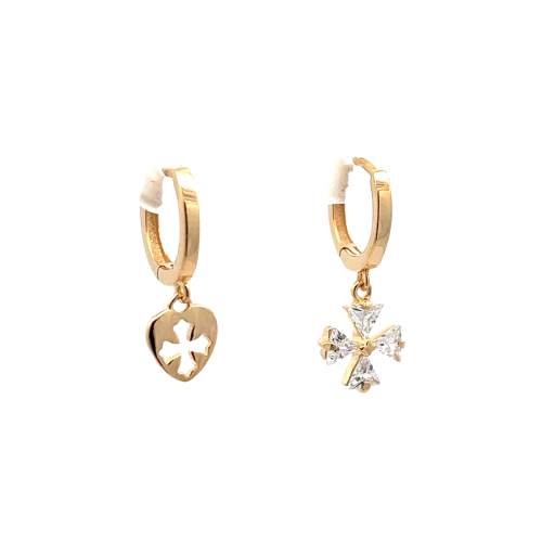 Orecchini in oro, uno con pendente a cuore traforato, l'altro con pendente a forma di croce con zirconi.
