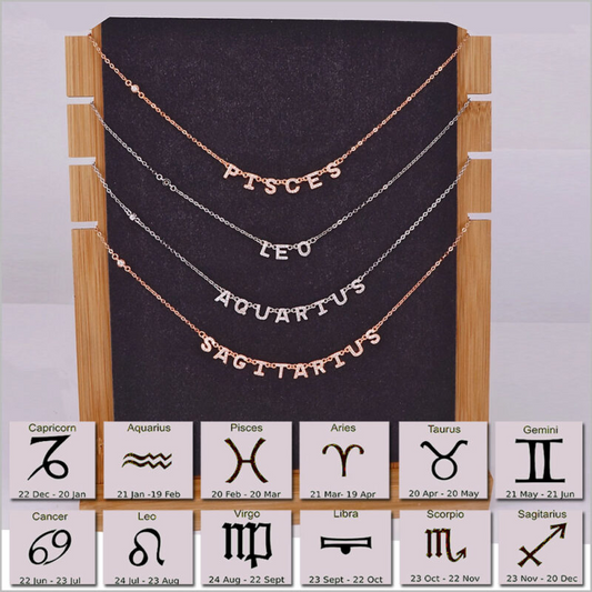 Collana con segni zodiacali in oro e argento: Pesci, Leone, Acquario e Sagittario. In basso, simboli e date per tutti i 12 segni.
