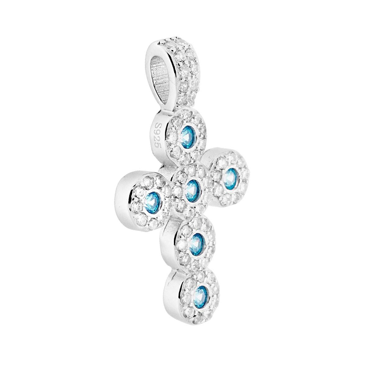 Ciondolo a forma di croce in argento S925, con zirconi bianchi e cinque pietre centrali color acquamarina.