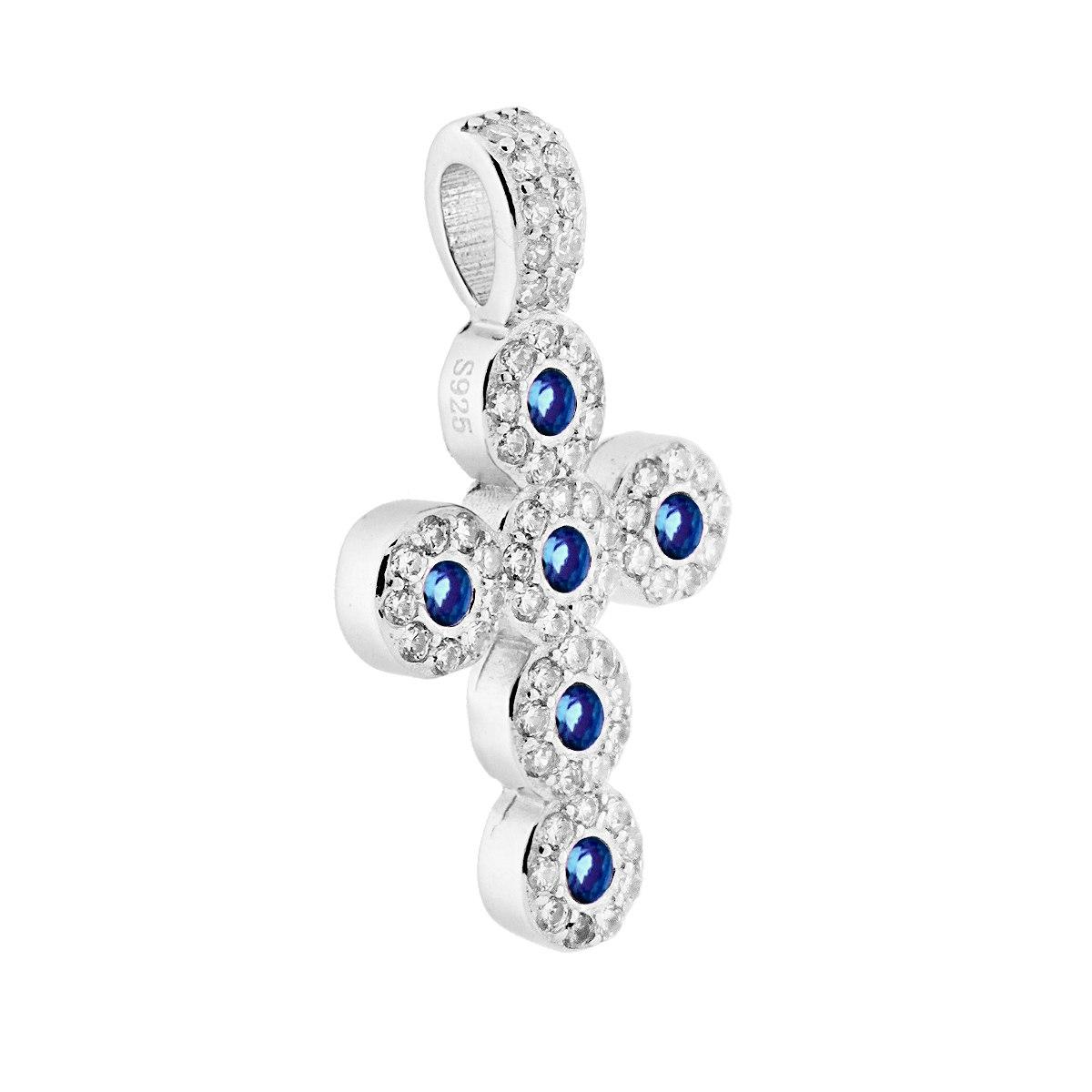Ciondolo a forma di croce in argento S925, con zaffiri blu e diamanti incastonati.