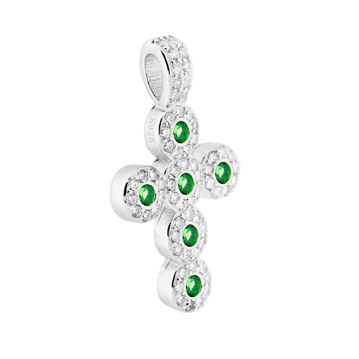 Ciondolo a croce in argento S925 con diamanti bianchi e smeraldi verdi.