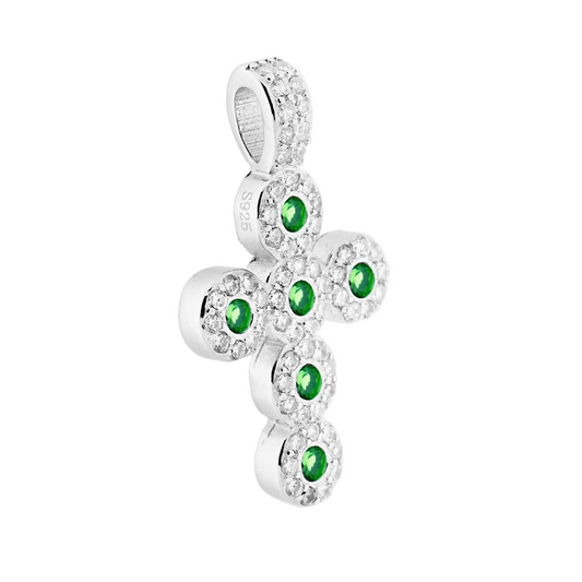 Ciondolo a croce in argento S925 con diamanti bianchi e smeraldi verdi.