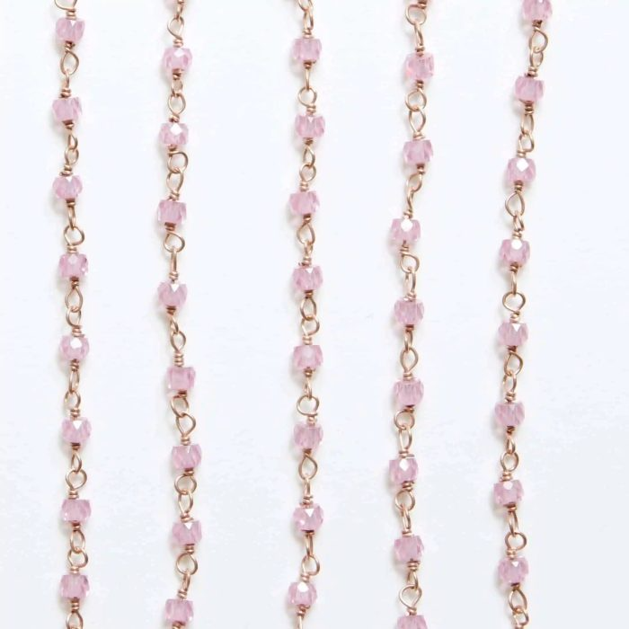 Filo rosario con zirconi rosa, maglie e catena placcati oro rosa.