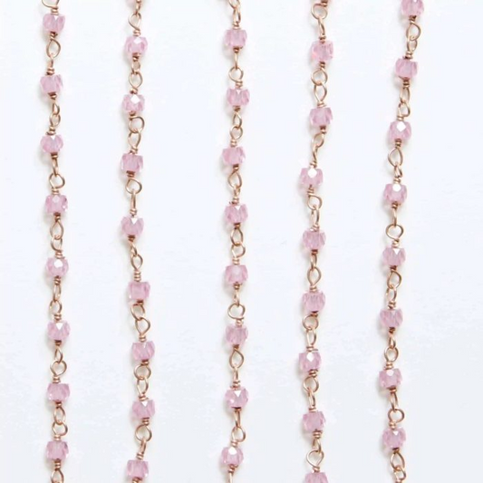 Filo rosario con zirconi rosa, maglie e catena placcati oro rosa.