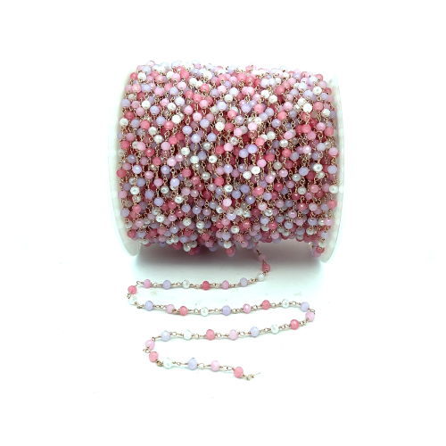 Rosary Style Necklace, S925 Silver and Lilac/White/Pink Agate, 1 meter