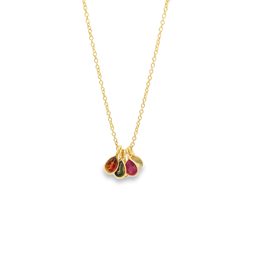 Collana d'oro con pendenti a goccia di pietre preziose multicolori.