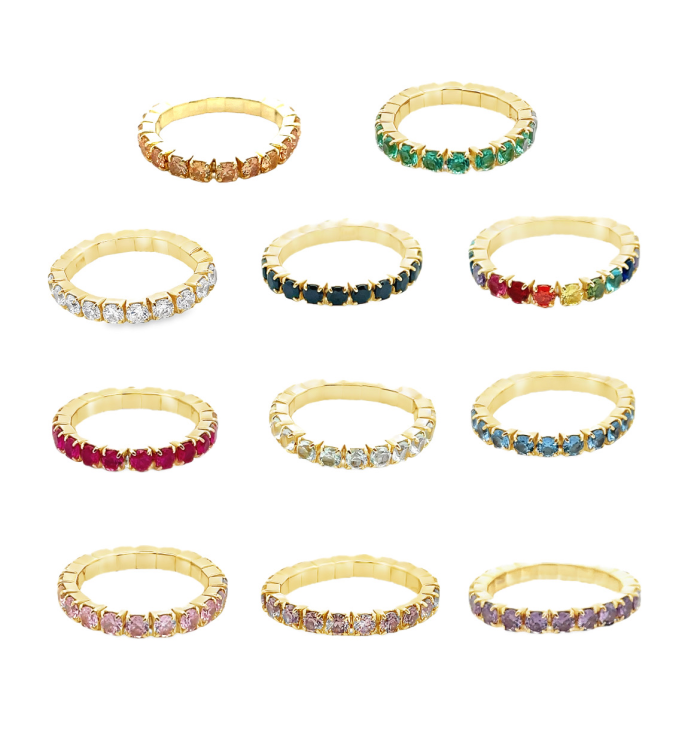 Anelli tennis elastici con zirconi colorati, disponibili in 9 varianti.