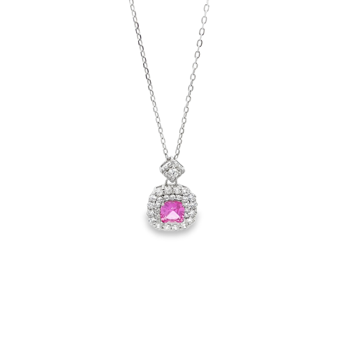 Collana girocollo in argento con ciondolo centrale a forma di fiore con zircone rosa e zirconi bianchi.