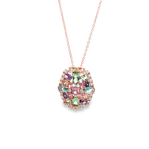 Collana in oro rosa con pendente ovale decorato con pietre preziose multicolore e diamanti bianchi.