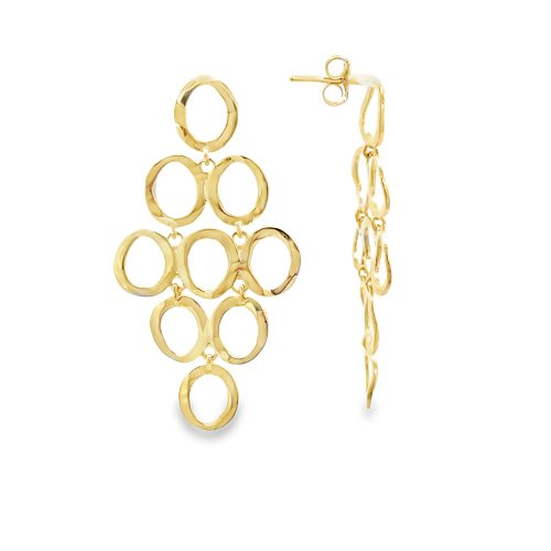 Orecchini pendenti in oro giallo con sette anelli ovali di diverse dimensioni in una forma a rombo.