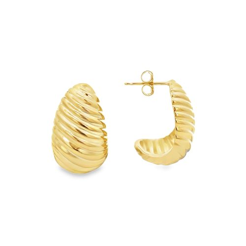 Orecchini a lobo in oro giallo, a forma di conchiglia o cornetto, con superficie a coste.