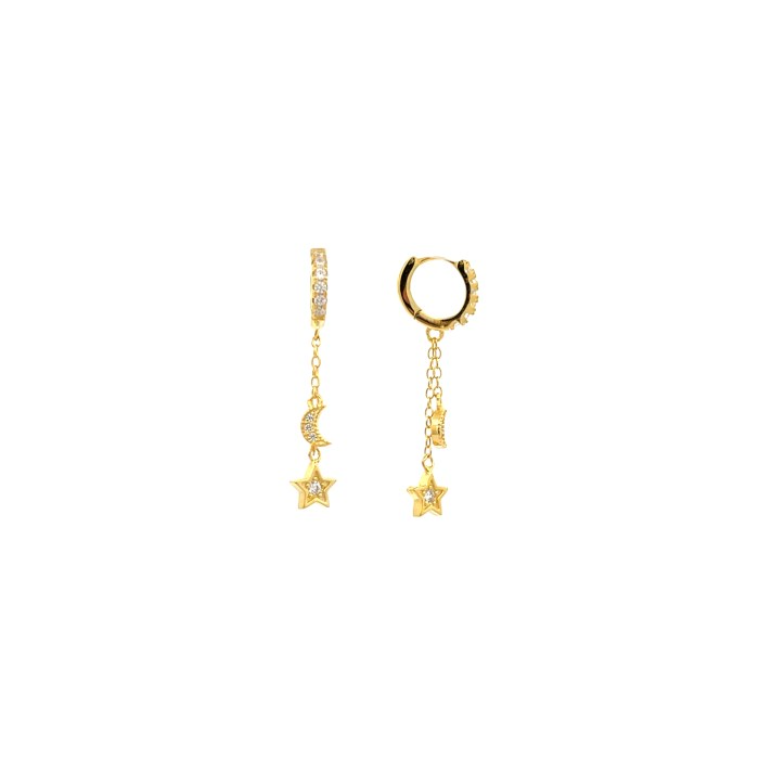 Orecchini pendenti in oro con cerchio decorato, luna e stella con zirconi.
