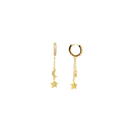 Orecchini pendenti in oro con cerchio decorato, luna e stella con zirconi.