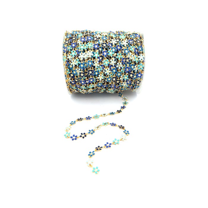 Collana Lunga Stile Rosario FIORI SMALTATI BLU, AZZURRO, CELESTE, Acciaio ed Ottone