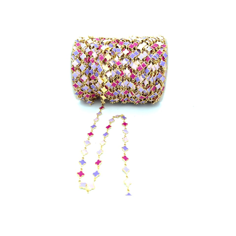 Collana Lunga Stile Rosario FIORELLINI SMALTATI VIOLA, FUCSIA E ROSA, Acciaio ed Ottone