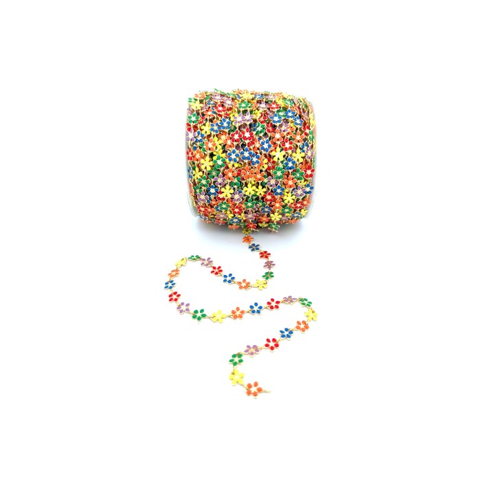 Collana Lunga Stile Rosario FIORI SMALTATI MULTICOLORE, Acciaio ed Ottone