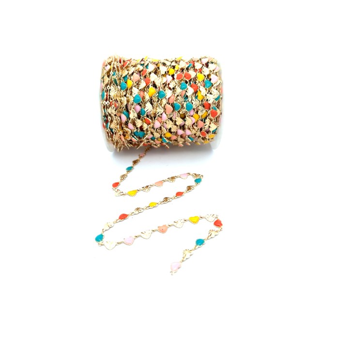 Collana Lunga Stile Rosario CUORI DIAMANTATI E SMALTATI, Acciaio ed Ottone