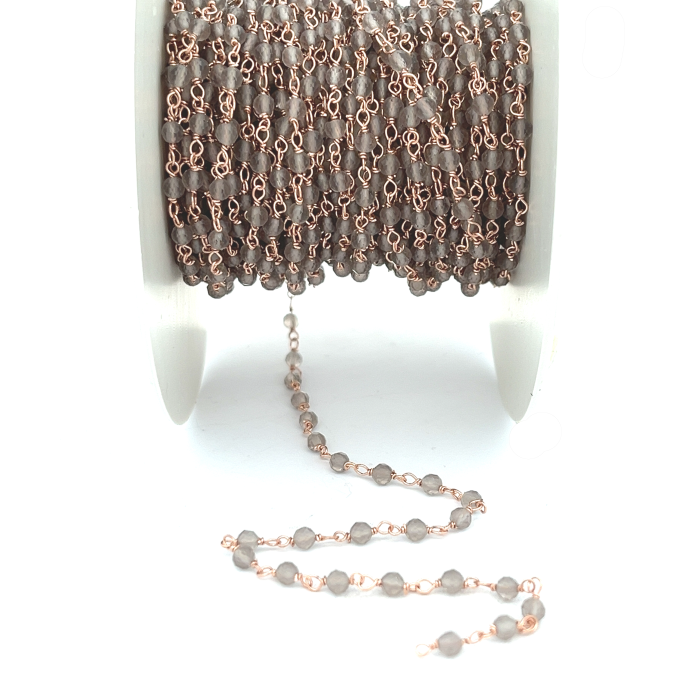 Catena rosario con quarzo fumé e filo di rame.