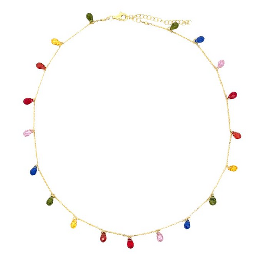 Collana girocollo in oro giallo con 19 gocce di zaffiri briolette multicolori.