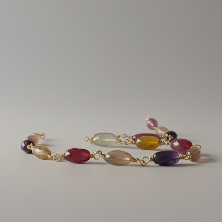 Collana Lunga Con Sassi di Zaffiro Multicolor, Argento S925 e Oro