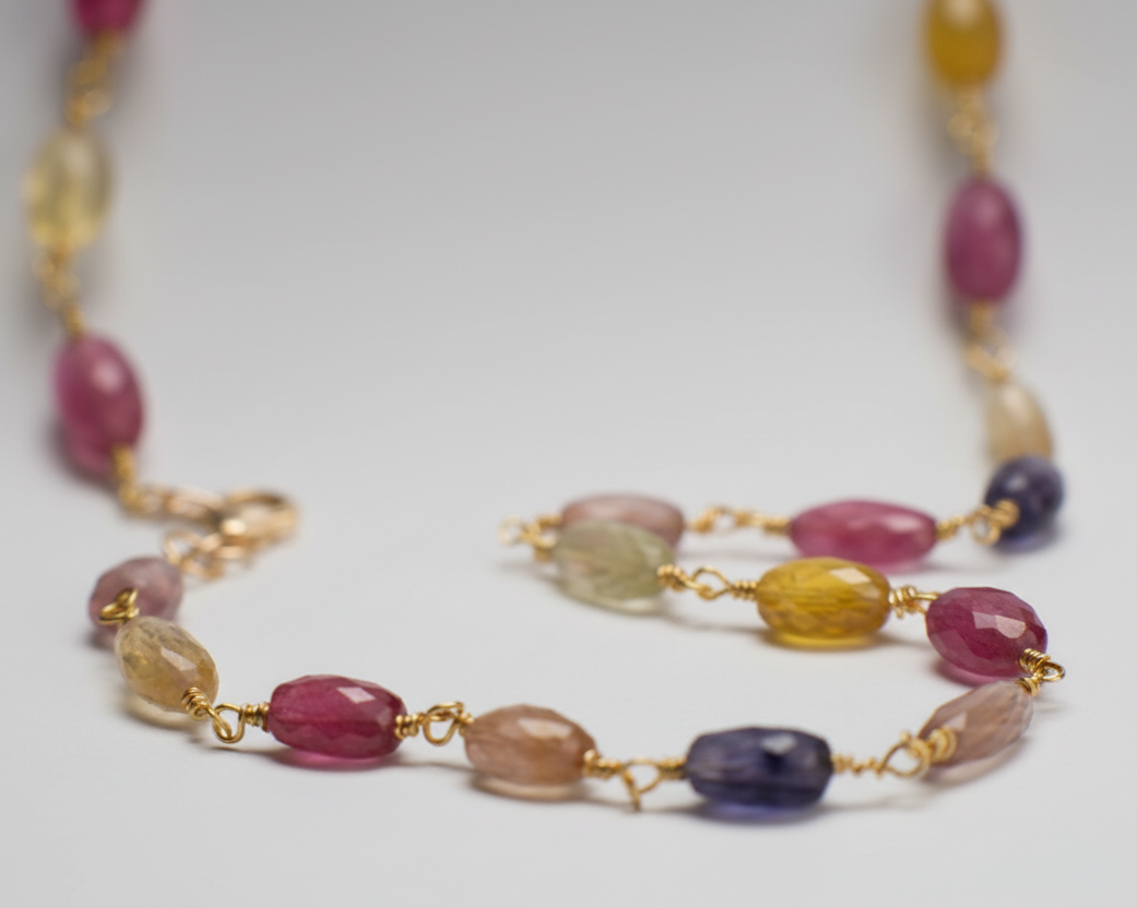 Long Necklace with Multicolor Sapphire Stones, S925 Silver and Gold