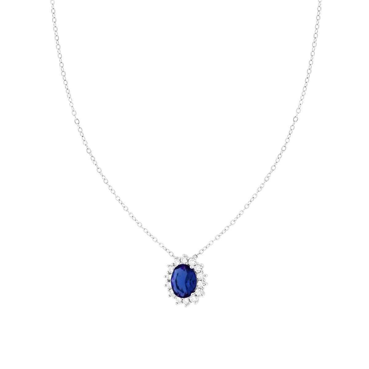 Collana in oro bianco con zaffiro ovale e diamanti, pendente in stile halo su catena sottile.
