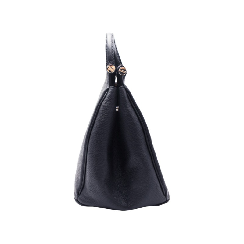Borsa in pelle nera a grana, vista laterale, con manici.