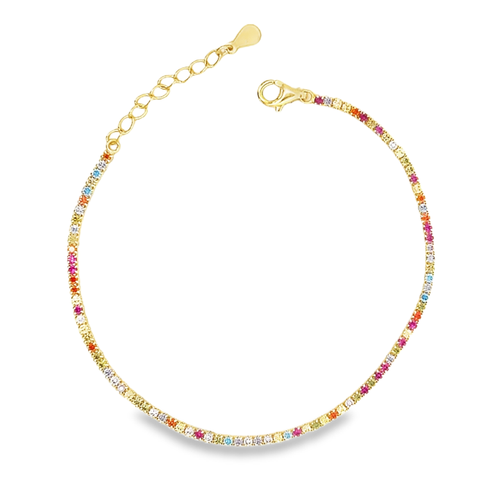 Braccialetto a catena in oro con zirconi colorati, chiusura a moschettone e regolatore di misura.