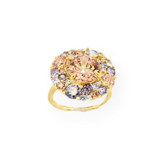Anello in oro con pietra centrale pesca circondata da pietre rosa, viola e trasparenti.